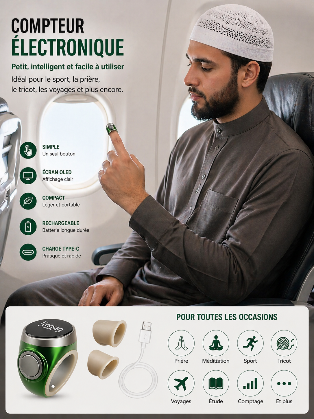 Bague Tasbih Intelligente — Compteur de Dhikr Rechargeable
